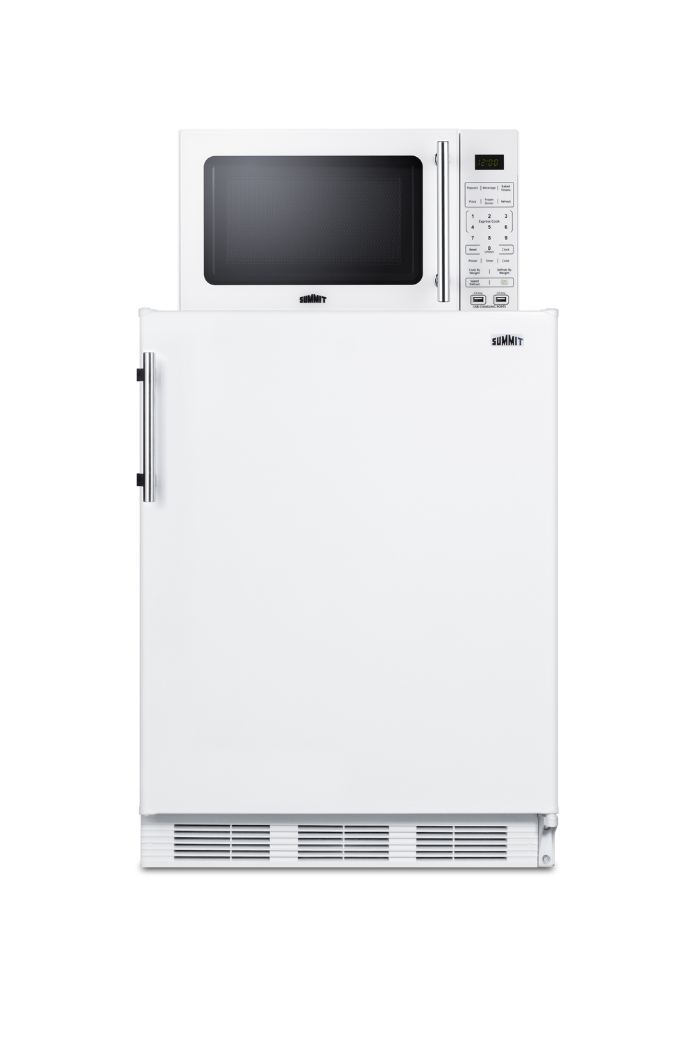 Counter height refrigerator-freezer compact microwave in white with allocator and USB ports for 1-plug operation; ships in three boxes on one pallet